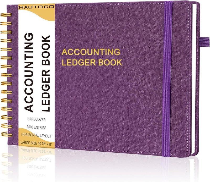 Hautoco Hardcover Accounting Ledger Book for Small Business Bookkeeping Horizontal Money Expense Tracker Notebook with 2 Storage Pouch, Personal Columnar Log Journal 10.78 x 8'', Deep Purple - Image 1